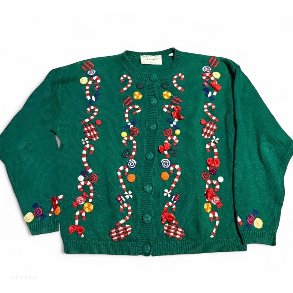 Vintage Christmas Cardigan‎ Sweater L Candy Cane Ugly Holiday Knit Green